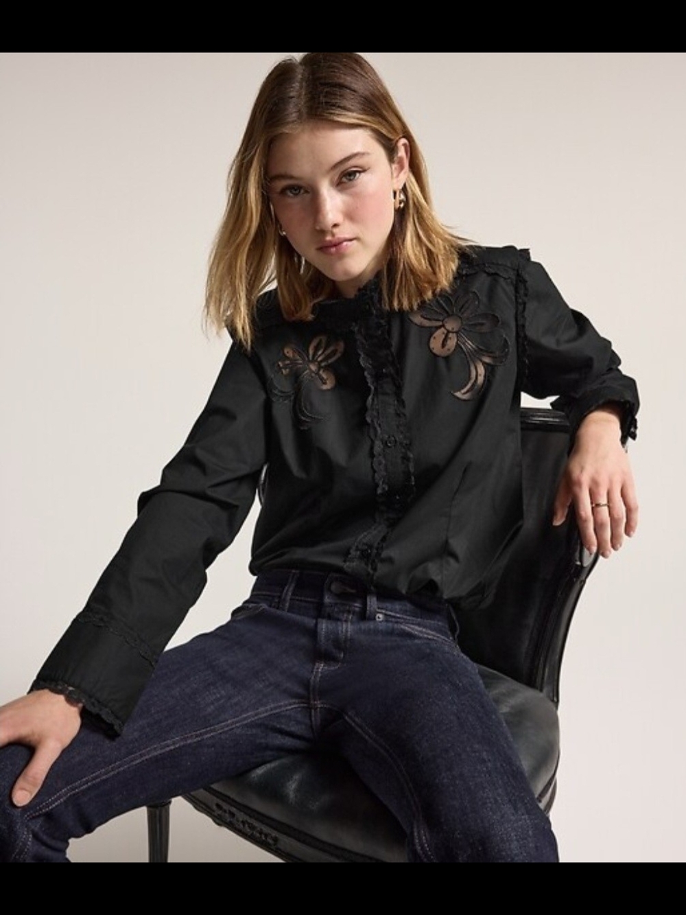 Old Navy X Anna Sui Black Floral Cutout Ruffled Button-Down Shirt Size XS